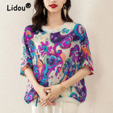 Women's Fashion Casual Temperament Street Thin Chiffon Half Sleeve Shirt Retro Printed Bat Sleeve Loose Comfortable Top-Outfit