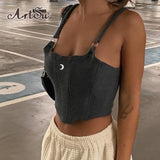 Y2k Sexy Backless Tank Top Womens Gothic Strapless Zipper Up Crop Tops Irregular Punk Style Female Vest Retro