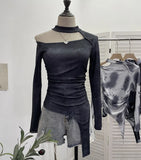 Long-Sleeved Irregular Design Small T-Shirt Women's Autumn Dress Print Hollow Tight Hottie Top