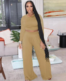 Fashion Slim Long Sleeve Round Neck Crop Top And Matching Wide Pants