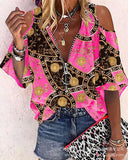 Loose Zipper Print Shirt Blouse Women Spring Summer Fashion V-neck Lantern Sleeve Shirts For Women Sexy Off Shoulder Top-Outfit