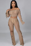Sexy Hollow Out Bandage Off Shoulder Long Sleeve Crop Top and Pant