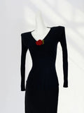 Toloer New Hand Hook Stereo Rose Knit Sweater Female Autumn Temperament Shows Thin V Collar Black Bottom