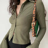 Polo Collared Horn Sleeve Shirt Slim Slim Elastic Long-Sleeved