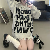 Clothing Letter Printed Sweaters Korean Loose Autumn Winter Stylish Frayed Casual Round Neck Knitted Long Sleeve Jumpers-Outfit