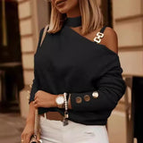 Toloer Street Style Irregular Shoulder Strap Nail Button Print Long Sleeve Off-Shoulder