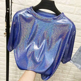 summer retro style stylish bright silk woman tops shiny loose short sleeve t-shirt sexy club aesthetic harajuku women