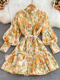 Casual Print Patchwork Dress For Women Stand Collar Lantern Long Sleeve Lace Up Slim High Waist Mini Dress Female