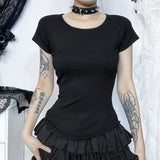 Summer 2024 New Spicy Girls Short Sleeves Dark Wind Street Full Of Bare Back Flocking Printed T-Shirt Girls-Outfit