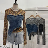 Shooting Fashion Leopard Tard Tard Babes Mesh Splicing Denim Irregular Bottom Shirt Short Top