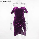 Sexy Strapless Blue Velvet Midi Bodycon Dress Slim Backless Folds Split Night Club Christmas Evening Party Purple