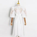 Graphic Dress For Women Stand Collar Puff Half Sleeve High Waist Patchwork Bowknot Dresses Female 2022 Summer
