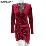 V Neck Long Sleeve Folds Asymmetrical Mini Bodycon Dress Autumn Winter Women Night Club Party Velvet Short Skinny