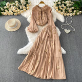 Style Pink Three-Dimensional Flower Collar Lantern Sleeve Shirt Lady Autumn High-Rise Dress