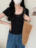 New Pure Lust Lace Lace Short Sleeve Slim T-Shirt Thin Bow Design Short