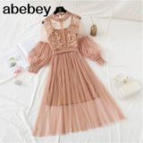 New Women Fashion Dress Stand Collar Lantern Sleeve Mesh Dress See-through Lace Embroidery Fairy Dress Femme Vestidos