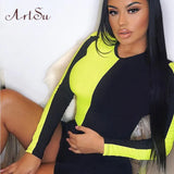 Neon Green Orange Bodycon Jumpsuit Women Long Sleeve Bodysuit Rave Festival Sexy Rompers Streetwear Bodies Mujer
