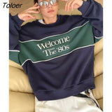 Retro American Letter Embroidery Sweatshirt O-neck Color Block Oversized Pullover Winter Clothes Women Streetwear Korean