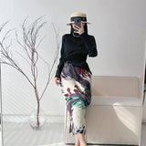 Folded New Frosted Dress Dress Fashion Retro Print Fork Medium Long Skirt