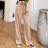 High Waist Wide Leg Pants Women Solid Oversized Silk Satin Vintage Green Pants Female Casual Straight Loose