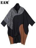 Women Black Striped Split Big Size Long Dress New Lapel Long Sleeve Loose Fashion Tide Spring Autumn 2023