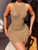 Nude Beaded Mesh Sleeveless Mini Bodycon Club