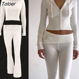 Spring New Hoodie Cropped Top And Pants Sets White Y2k Casual Outfits Low Waist Knit Two Piece Sets For Women
