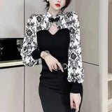 Chinese Disc Buckle Blouse Chic Cut Out Spring Autumn Women's Clothing Printed Spliced Slim Elegant Stand Collar Shirt-Outfit