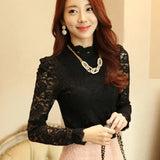 2021 Plus Size Lace Crocheted Hollow Out Top Stand-up Collar White Blouse Woman Sweet Long Sleeve Shirts Blusas