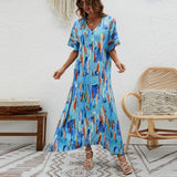 Summer New Elegant Dress V-Neck Print High-Waisted Loose Swing Short-Sleeved Dress