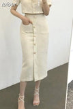 Korea Elegant Lapel Thin Tweed Small Suit Short Jacket + High Waist Chic Button Slim Womens Two Piece Skirt Sets Summer 425-0-Outfit