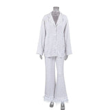 Women's 2Pieces Pajamas Underwear Set Plaid Turn Down Collar Long Sleeve Button Shirts+ Feather Pants Lounge Suits-Outfit