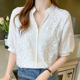 Summer Embroidery Women Blouse Fashion V-neck Lantern Sleeve White Shirt Woman Vintage Tops Cotton Female Blouses