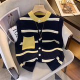 Neck Knitted Cardigan Vest Women's Loose Impact Color Pocket Striped Vest A Variety Of Small Shoulder Sweaters Leisure Jackets-Outfit