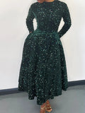 New Women's Round-Necked Long-Sleeved Solid-Colored Bright-Waisted High-Rise Dress Dress
