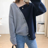 Style Female Irregular Spliced Skew Collar Sweaters Fashion All-match Contrasting Colors Button Loose Knitted