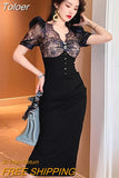 Women Evening Dress Chic Black See Through Sexy V-Neck Folds Slim Midi Party Club Gown Birthday Robe Femme Mujer