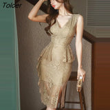 Korean Vintage Sleeveless Midi Party Club Dress Ladies Elegant Sexy Lace Perspective Ruffle Bodycon Split Pencil