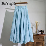 Linen Cotton Vintage Skirt Women Solid Beach Boho Pleated Maxi Skirts Summer Fashion Retro Elastic Waist Saia