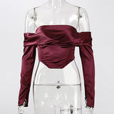Off Shoulder Blouse Shirt Satin Corset Tops Women Long Sleeve Blouses Shirts Elegant Shirts Sexy Backless Top