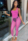 Sexy Sleeveless High Waist Solid Mesh Skinny Two Piece Pants