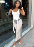 Sexy Sleeveless High Waist Solid Mesh Skinny Two Piece Pants