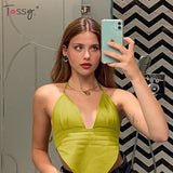 Satin V-Neck Halter Backless Party Top Sexy Rhombus Cami Tops For Women Festival Green Crop Tops Chic E-girl Mini