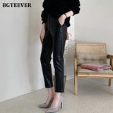 MIidi Waist Spliced Loose Leather Pants Women Autumn Solid Zipper PU Leather Trousers Women Straight Pants Female