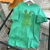 Crystal Cartoon Embroidery Knit Rabbit T Shirts Streetwear Korean Fashion Sweet Girls 2022 Summer Large 2XL Casual