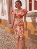 Fashion V Collar Lotus Leaf Side Positioning Flower Show Back Dress