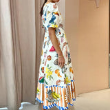 Women's 2025 Ama's New Elegant Fruit Prints Waist-Round Collar Dress Dress