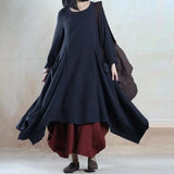 ZANZEA Women Spring O Neck Long Sleeve Cotton Linen Dress Pockets Loose Solid Asymmetric Hem Pleated Flare