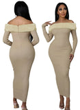 Sexy Kahaki Ribbed With Fake Fur Off Shoulder Long Sleeve Long