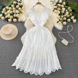 Temperament Flying Sleeve V Collar Waist Shows Thin A Word Big Pendulum Hollowed-Out Dress Seaside Holiday Long Skirt-Outfit